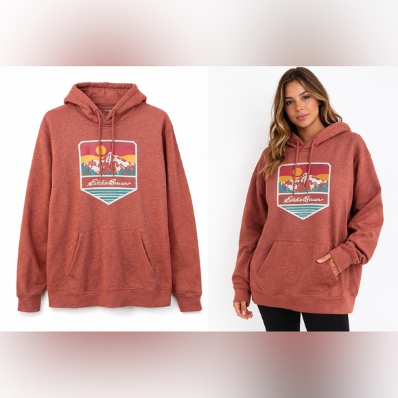 Eddie Bauer Tops - Eddie Bauer Mountain Graphic Hoodie Rust Pullover Sweatshirt XL